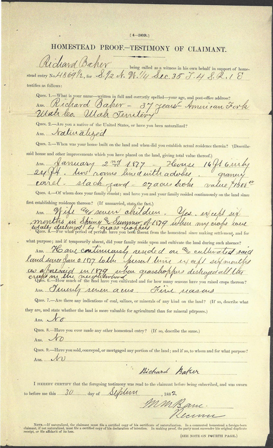 Richard Baker Homesteader Certificate