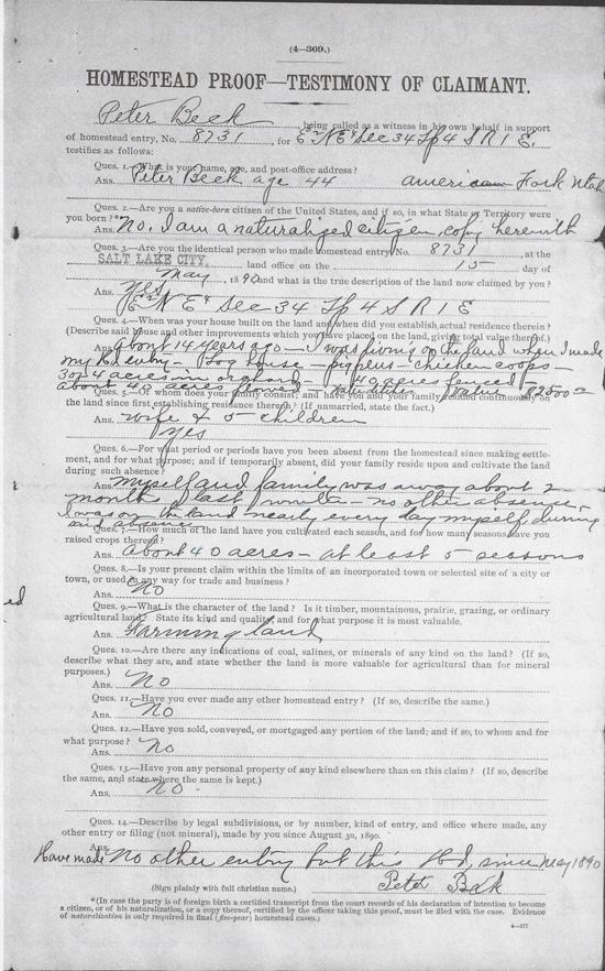 Peter Beck Homesteader Certificate