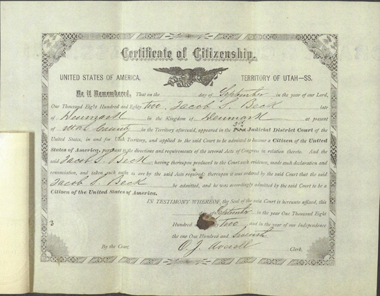 Jacob Beck Citizenship Certificate