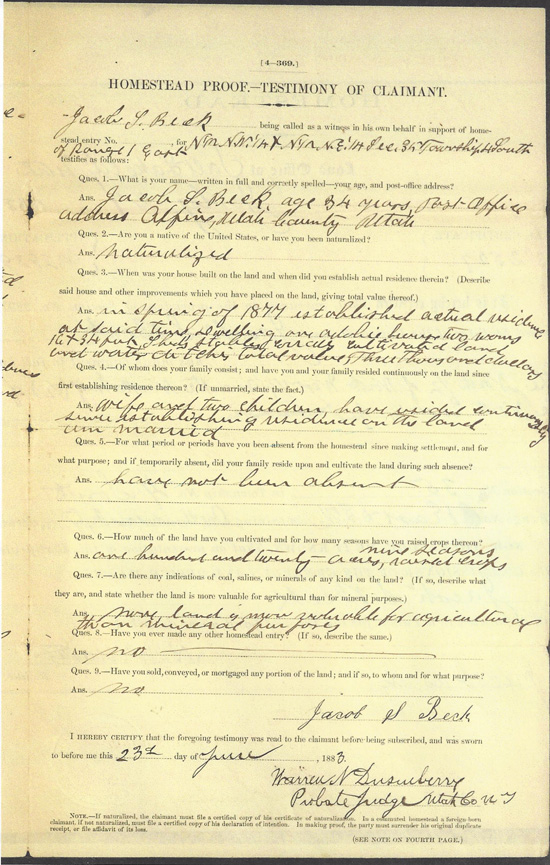 Jacob Beck Homesteader Certificate