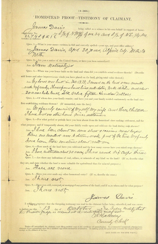 James Davis’ Homestead Certificate