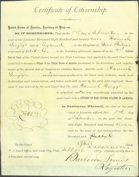 Hannah Briggs Citizenship Certificate