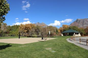 pavilion, sand court, and trail