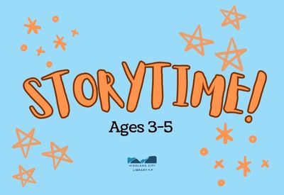 Orange Storytime logo against a blue background with stars and sparkles