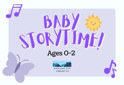 Baby Storytime in Purple letters next to a smiling yellow sun