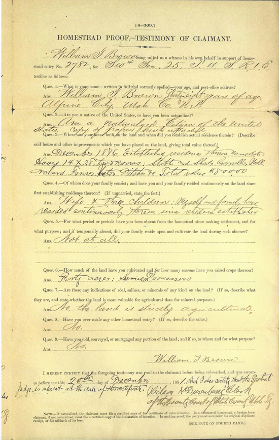 William Brown’s Homestead Paper