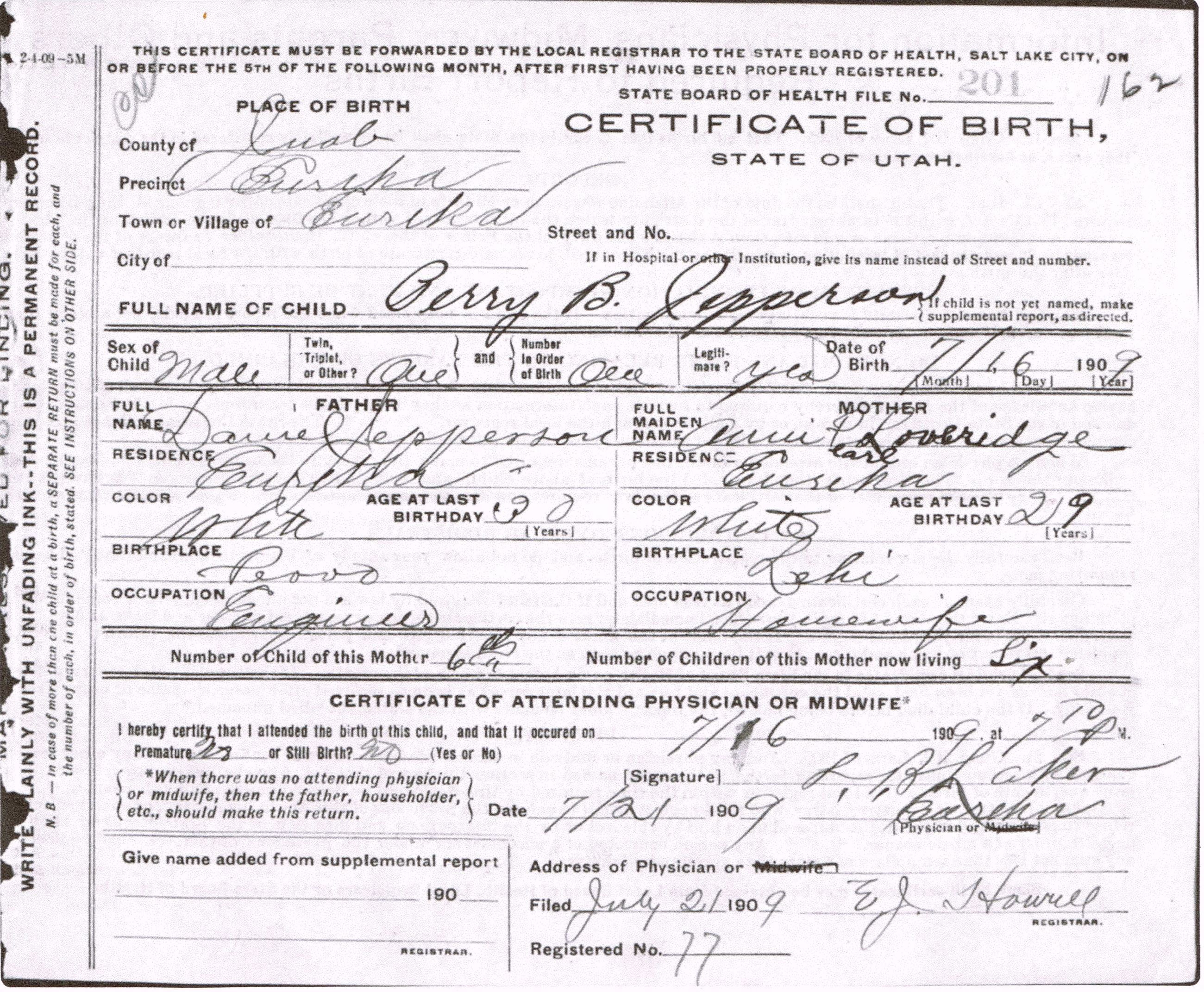 Perry B Jepperson 1909 birth certificate